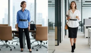 A two-panel image demonstrating professional office styling with oversized shirts cinched at the natural waist using wide leather belts over tailored trousers and pencil skirts.