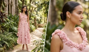 "Split-screen editorial image featuring elegant summer dresses with structural 3D fabric flower appliqués and rosettes."
