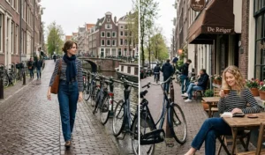 Effortless chic Jordaan district outfits featuring high-waisted dark denim and classic striped Breton tops.