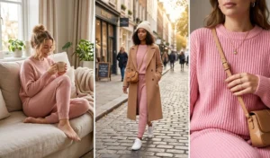 A 3-panel collage showing comfortable monochromatic blush pink knit loungewear sets, both as cozy indoor wear and styled with a camel coat for casual street wear.