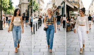 A collage of three women showcasing casual summer street style, wearing different variations of white and colorful crochet crop tops paired with light-wash jeans and strappy sandals.