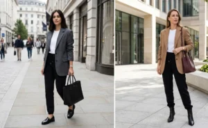 Two women blending smart-casual wear by styling menswear-inspired oversized blazers over crisp white t-shirts and black sweatpants, paired with leather loafers and ankle boots.