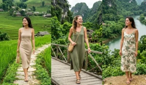 A three-panel horizontal composition featuring three women in a lush green Vietnamese landscape. They are all wearing minimalist, breathable tank dresses with built-in bras in neutral and tropical patterns, showcasing efficient and comfortable travel wear.