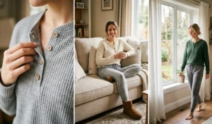 Cozy winter loungewear outfits featuring textured waffle knit henley sweaters paired with comfortable joggers and UGG boots.