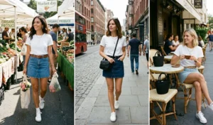 Collage of three women wearing classic white t-shirts tucked into high-waisted denim skorts, styling them with sneakers and casual bags for an effortless everyday look.