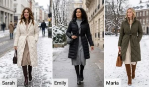 "Women wearing belted longline quilted coats over ribbed midi sweater dresses."