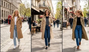 A three-panel split image showing three women styling classic trench coats with straight-leg jeans and casual shoes in a sunny spring city setting.