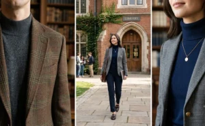 Professional winter office wear showing slim mock neck sweaters perfectly layered under structured plaid blazers.