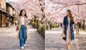 Two stylish spring outfits for Japan featuring women wearing lightweight beige and navy trench coats under blooming pink cherry blossoms in Kyoto.