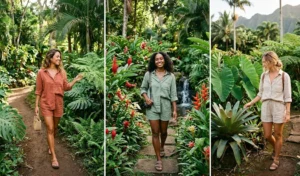 "Three women exploring a botanical garden in Hawaii, dressed in matching earthy-toned linen shirt and shorts sets."