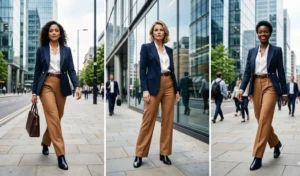 Three women wearing modern corporate office wear consisting of camel brown wide-leg pants paired with sharply tailored navy blue blazers.