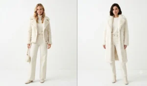 Two women wearing ivory and bone-white monochromatic winter outfits featuring wide-leg denim jeans, a shearling jacket, and a cozy faux-fur coat.