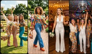 A 4-panel photo collage featuring a vibrant 70s disco theme with bridesmaids in colorful bell-bottoms and platform heels, and the bride in a white sequined jumpsuit.
