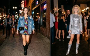 Two-panel image of women wearing sparkly sequin party dresses paired with metallic and black western boots for a night out.