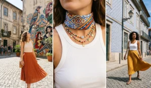 Women walking past historic Portuguese street art and tiled facades, dressed comfortably in pleated midi skirts and fitted ribbed tank tops.