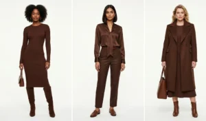 Three women modeling chocolate brown monochromatic outfits, including a ribbed-knit midi dress paired with suede knee-high boots and tailored wool trousers.
