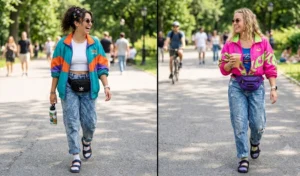 Side-by-side image of two women in retro 2000s streetwear featuring textured acid wash denim and sporty canvas velcro-strap sandals.