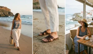 Women embracing a coastal surfer-chic aesthetic with oversized graphic tanks and loose linen pants on the sunny beaches of Ericeira.