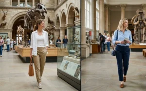 "Two women wearing relaxed-fit chinos and crisp linen button-down shirts in a museum, showcasing a polished and breezy 'old money' aesthetic."