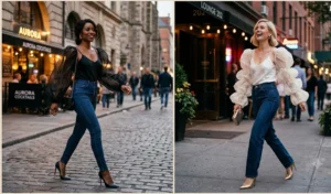 A side-by-side image of two women wearing dramatic sheer organza blouses paired with dark wash denim jeans for a spring night out.