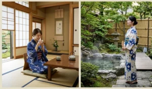 Women wearing traditional Japanese cotton yukata robes correctly tied with the left side over the right side, relaxing gracefully inside a classic ryokan inn and onsen garden.