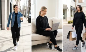 Three women showcasing an intentional athleisure look with matching black sweatshirt and sweatpants co-ord sets, clean running trainers, and fresh, minimal styling.
