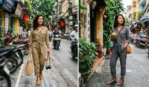 A two-panel photograph featuring two women in the bustling streets of Vietnam. Both are styled for travel humidity, wearing natural bamboo-fiber utility jumpsuits in khaki and charcoal, accessorized with woven bags and sandals.