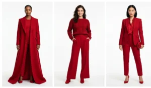 Three women wearing powerful crimson red monochromatic outfits, featuring a sweeping red maxi coat, rich red sweater, and a tailored red power suit.