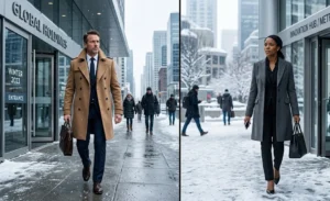 Two professionals arriving at a corporate building in winter, wearing structured camel and charcoal grey wool-blend trench coats over standard tailored office suits.