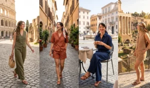 A four-panel photo collage displaying women in matching two-piece linen sets in earth tones, including wide-leg pants and tailored shorts, styled with leather sandals and silk hair scarves in Rome.