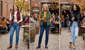 "Women wearing puffer vests over ribbed turtlenecks and straight-leg jeans."