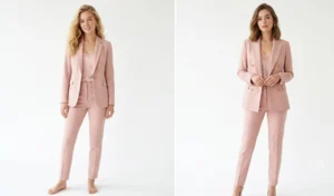 Two women showcasing feminine blush pink monochromatic outfits with soft tailored structured blazers and slim-fit cigarette pants.