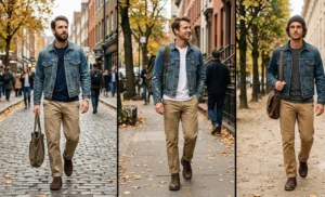 A style collage of men wearing cropped vintage denim jackets layered over plain t-shirts, styled with straight-leg khaki pants and rugged leather boots.