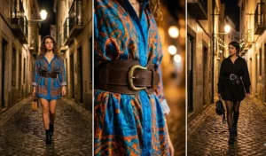 Women walking through the narrow historic streets of Alfama at night, wearing vibrant oversized button-down shirt dresses cinched with leather belts.