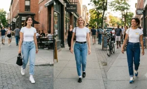 A street style triptych showing three women wearing effortless summer outfits, combining classic high-waisted mom jeans with fitted vintage-style white baby tees and sneakers.
