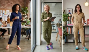 A split image of three women wearing well-tailored utility jumpsuits in navy, olive, and khaki, styled with bright, color-blocked statement sneakers.