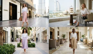 A collection of four women wearing sophisticated pleated midi skirts and crisp white blouses in a luxury Dubai boutique setting.