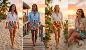 Collage of four women wearing brightly colored tropical skorts paired with lightweight linen button-down shirts tied at the waist for a vibrant summer travel look.