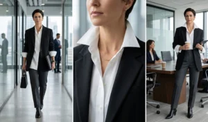 A three-panel collage showing how to layer a crisp oversized shirt under a structured tailored blazer, highlighting exposed cuffs and popped collars for a corporate look.
