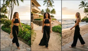 "Three women wearing black linen wide-leg trousers and halter bikini tops on a Hawaiian beach during sunset."