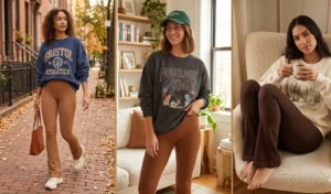 Collage of three women wearing comfortable weekend outfits featuring brown ribbed flared leggings styled with oversized graphic sweatshirts and chunky sneakers.