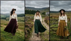 Collage of three women in an open countryside landscape wearing moody plaid maxi skirts paired with soft cream vintage off-the-shoulder peasant blouses and wide-brimmed felt hats.