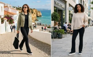 A two-panel collage featuring women wearing platform slip-on sneakers with soft black ribbed flared leggings and a cropped puffer jacket.