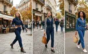 Three women wearing tailored denim jumpsuits layered over striped turtlenecks, demonstrating chic transitional fall fashion and stylish jumpsuit layering techniques.