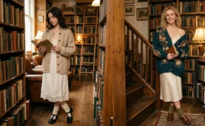 Split-screen image of two women in a cozy vintage bookshop wearing chunky cable-knit cardigans layered over delicate white lace slip dresses for a romantic folklore style.