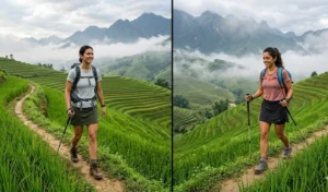 A two-panel action photograph showing adventurous women trekking through the vibrant green rice terraces of Sapa, Vietnam. Both wear functional performance hiking skorts paired with athletic tees and boots, highlighting durable yet stylish adventure gear.