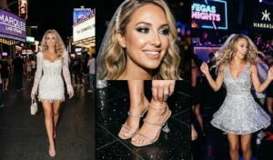 A 3-panel photo collage highlighting high-glamour bridal outfits, including a pearl-encrusted mini dress, clear lucite heels, and a sparkling silver-white sequin party dress.