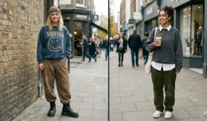 Split-screen of relaxed off-duty streetwear showing women wearing oversized vintage graphic sweatshirts, ultra-baggy corduroy pants, and heavy utilitarian platform boots.