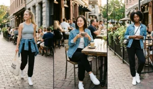Three women modeling transitional outfits with relaxed black sweatpants, white ribbed tank tops, and classic blue denim jackets, paired with white leather sneakers.