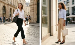A two-panel collage of elegant women styling delicate slingback kitten heels with cropped flare pants, crisp button-down shirts, and minimalist tote bags.